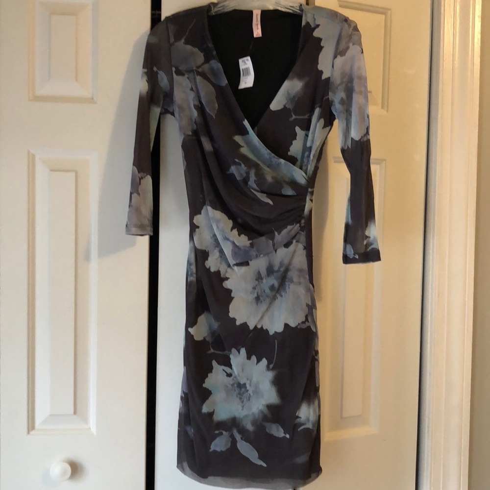 Gray floral Sweet Pea faux wrap dress, new